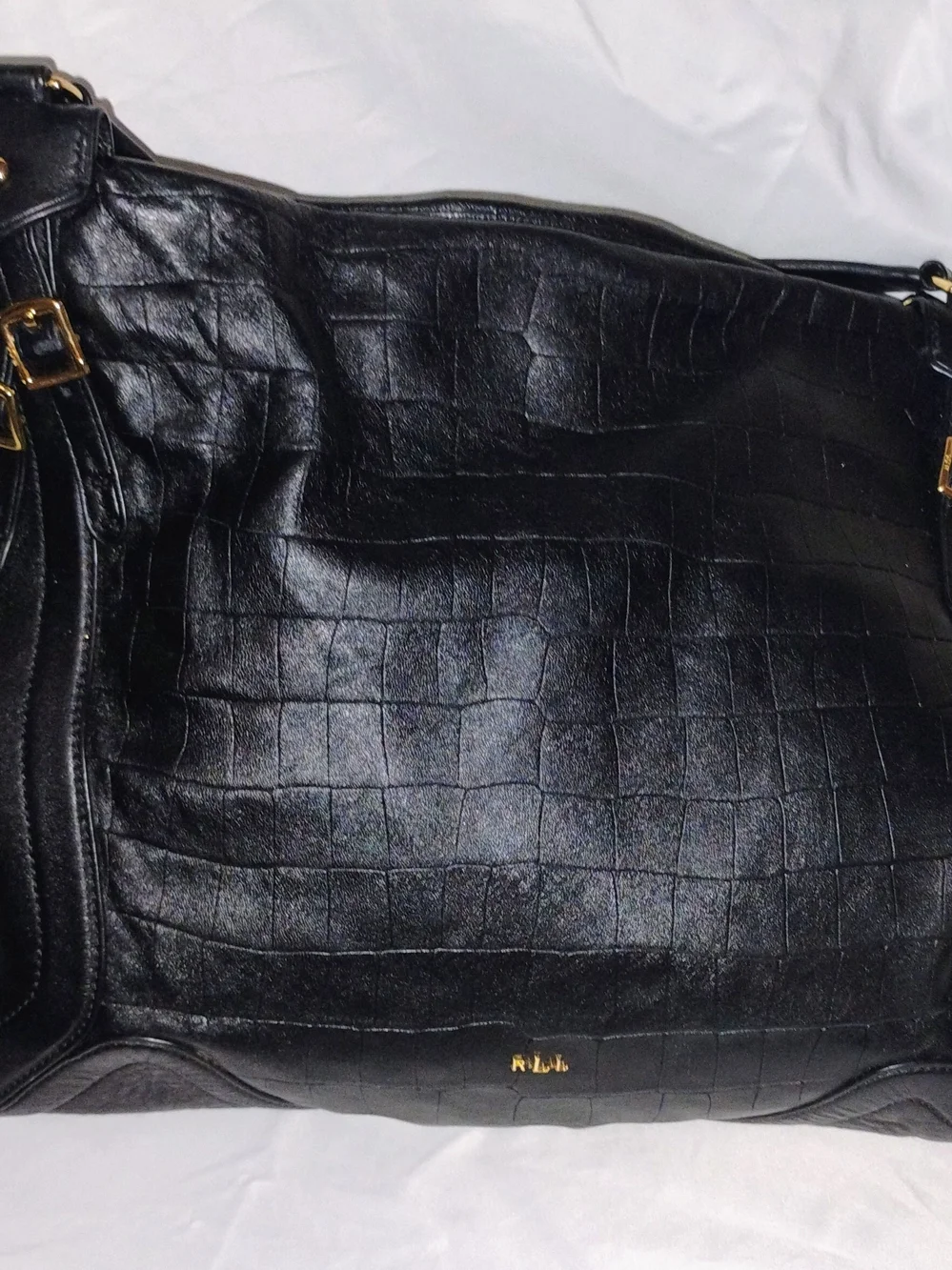 Lauren Ralph Lauren Black Croc Embossed Large Shoulder Tote Bag Gold Hardware